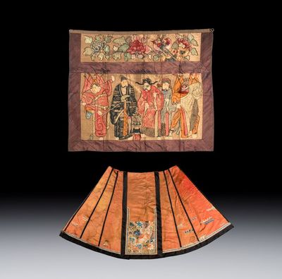 A Chinese embroidered silk 'Opera' panel and a salmon-ground skirt, 19th C.