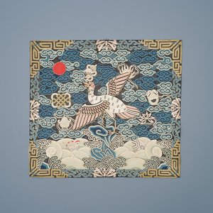 A Chinese embroidered silk rank badge with a crane for first-rank civil official, Qianlong/Jiaqing — photo 1