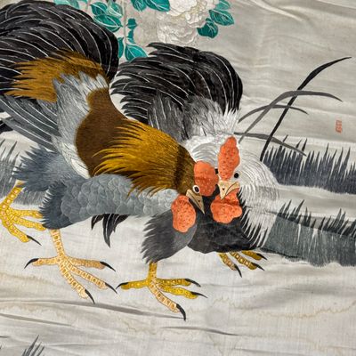 A Chinese embroidered silk 'Roosters' panel — photo 9