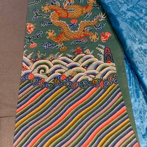 A Chinese embroidered turquoise-ground five-clawed dragon robe, 'jifu', 19th C. — photo 19
