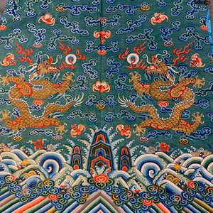 A Chinese embroidered turquoise-ground five-clawed dragon robe, 'jifu', 19th C. — photo 38