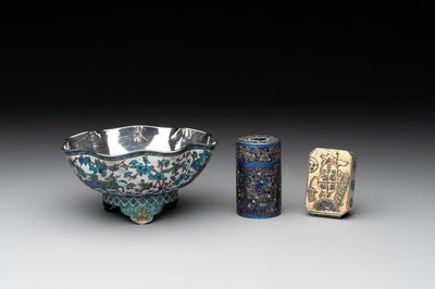 A Chinese enamelled silver bowl, a box and an opium container, 19th C.