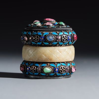 A Chinese enamelled silver box and cover, inset with jade and precious stones, 20th C.