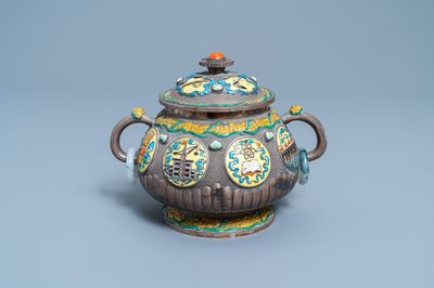 A Chinese enamelled silver censer, Cultural Revolution, 20th C.