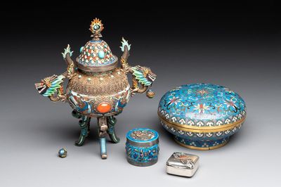 A Chinese enamelled silver incense burner, a covered opium box, a square box and a cloisonné covered box, 19/20th C.