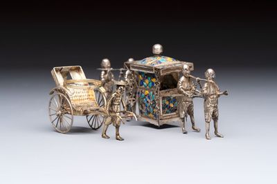 A Chinese enamelled silver model of four bearers and a silver model of a bearer, Guang Sheng Yuan 廣生源 and Yan Ji 衍記 mark, 19th C.