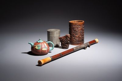 A Chinese enamelled Yixing stoneware teapot, a pewter container, a horn cup, a bamboo brush pot, and an opium pipe, Wan Shun 萬順 mark, 19th/20th C