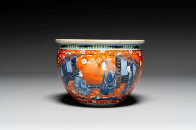 A Chinese English-decorated blue and white scroll pot, Kangxi