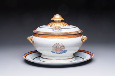A Chinese export blue-and-orange-enamelled gilt-decorated covered tureen and stand with a Catholic Marian emblem, Jiaqing