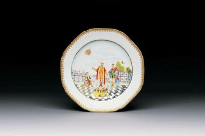 A Chinese export famille rose 'Building of the Temple of Solomon' plate, Qianlong, ca. 1760