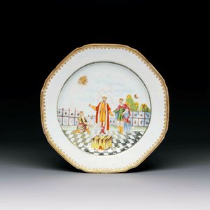 A Chinese export famille rose 'Building of the Temple of Solomon' plate, Qianlong, ca. 1760 — 照片 1