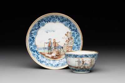 A Chinese export famille rose cup and saucer with a herring merchant, Qianlong