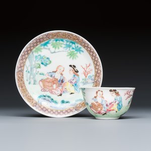 A Chinese export famille rose 'European Subject' tea bowl and saucer — photo 1