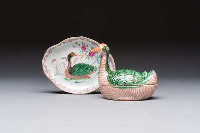 A Chinese export famille rose goose-form tureen and stand, Qianlong