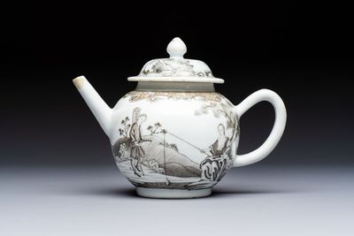 A Chinese export grisaille and gilt-decorated 'European Subject' teapot and cover, Qianlong
