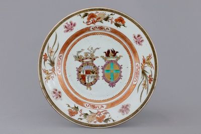 A Chinese export porcelain armorial alliance plate, 18th C.