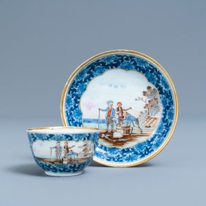 A Chinese export porcelain cup and saucer with a herring merchant, Qianlong — 照片 1