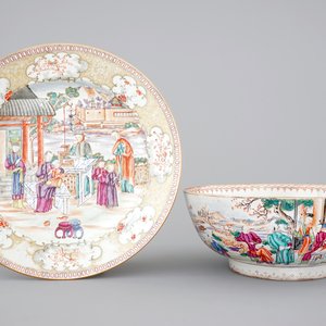 A Chinese export porcelain Mandarin pattern bowl and a dish, Qianlong, 18th C. — foto 1