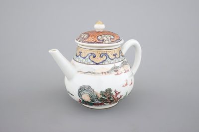 A Chinese export porcelain tea pot or jug and cover with a harbor scene, Yongzheng, 1722-1735
