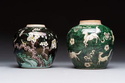 A Chinese famille noire 'prunus blossom' jar and a famille verte 'flying horses' jar, 19th C.