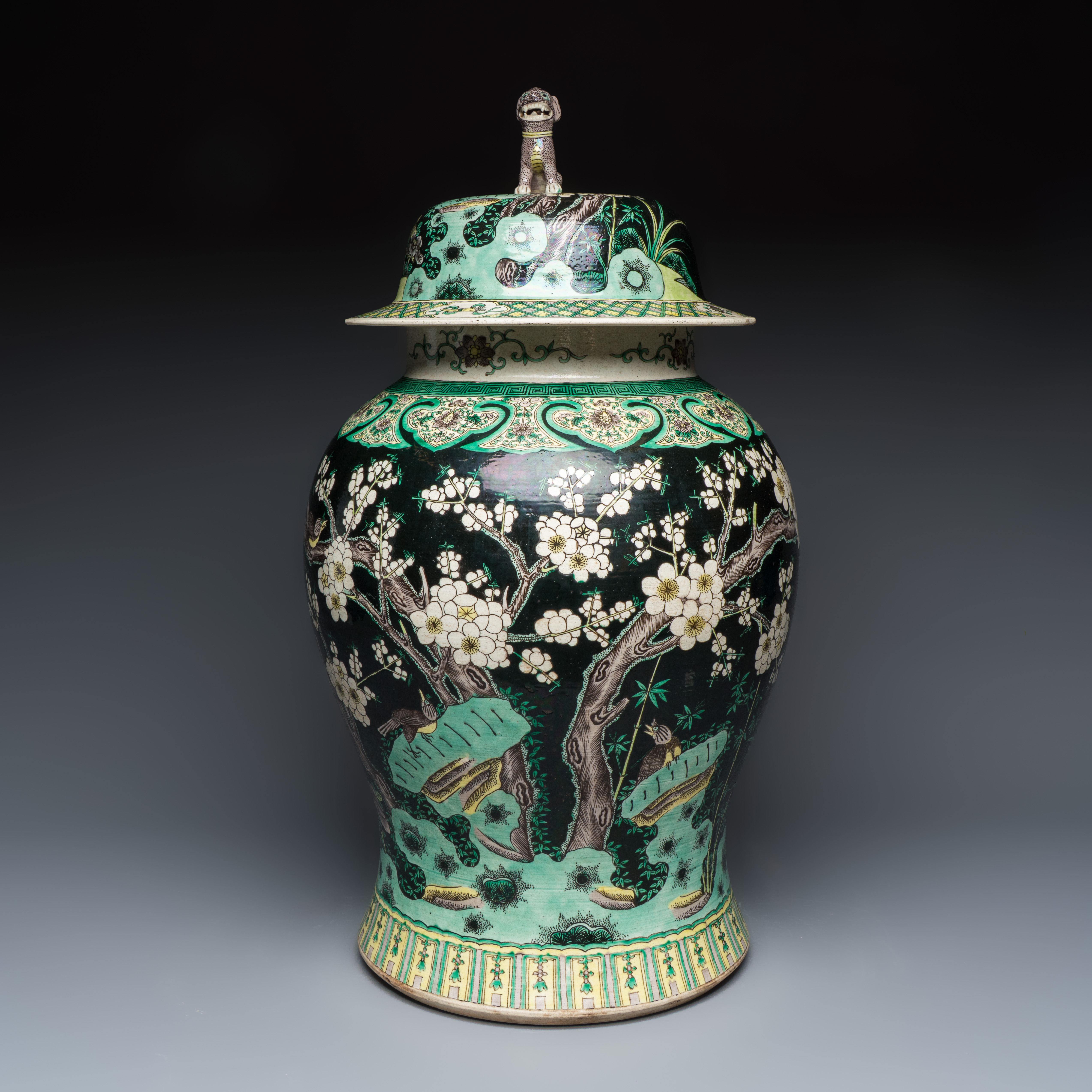 A Chinese famille noire 'Prunus' vase and cover — photo 2