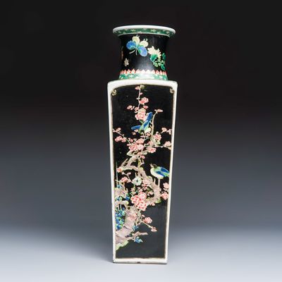 A Chinese famille noire square vase with birds among flowering branches, Kangxi