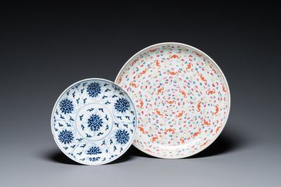 A Chinese famille rose '100 bats' dish and a blue and white 'lotus' plate, Guangxu mark and of the period