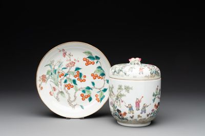 A Chinese famille rose '100 boys' covered box and a plate, Guangxu mark, Republic