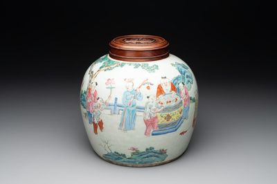 A Chinese famille rose '100 boys' jar and wooden cover, 19th C.