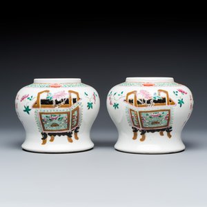 A Chinese famille rose 'Antiquities' hat stand, a pair of vases and an iron-red-decorated covered vase — photo 4
