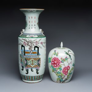 A Chinese famille rose 'Antiquities' vase and a 'Birds among Flowering Branches' covered jar — photo 2