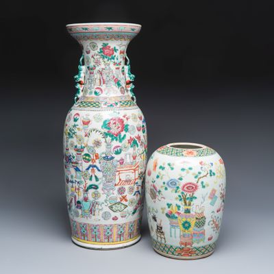A Chinese famille rose 'Antiquities' vase and a jar, 19th C.