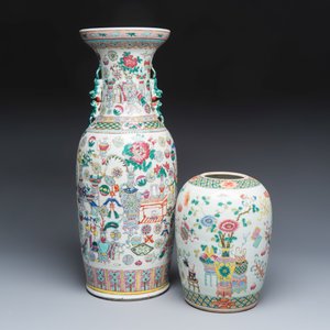 A Chinese famille rose 'Antiquities' vase and a jar — photo 1