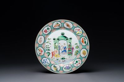 A Chinese famille rose 'arbor' plate after a design by Cornelis Pronk, Qianlong