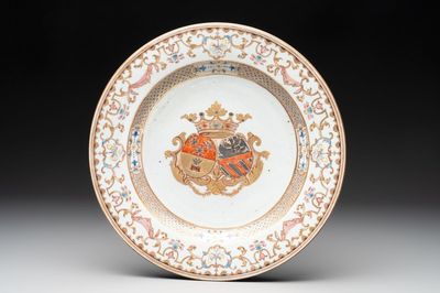 A Chinese famille rose armorial dish with an alliance coat of arms of Frosconi and Proli for the Belgian market, Qianlong, ca. 1739