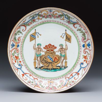 A Chinese famille rose armorial dish with the arms of Goos de Ghyseghem, Vecquemans and Golbeau for the Belgian market, Yongzheng/Qianlong