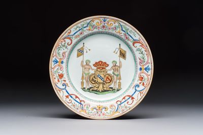 A Chinese famille rose armorial dish with the arms of Goos de Ghyseghem, Vecquemans and Golbeau for the Belgian market, Yongzheng/Qianlong