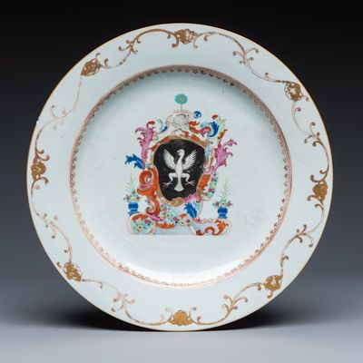 A Chinese famille rose armorial dish with the arms of Gourlay, Qianlong, ca. 1755