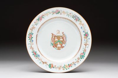 A Chinese famille rose armorial dish with the arms of William Ellis for the English market, Qianlong, ca. 1755