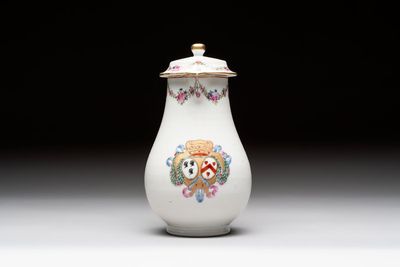 A Chinese famille rose armorial jug and cover with the arms of Moricaud impaling Bertrand for the French market, Qianlong, ca. 1760