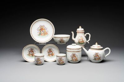 A Chinese famille rose armorial nine-piece service with the arms of Alexandre Lamotte-Baracé, Qianlong, ca. 1786-1789