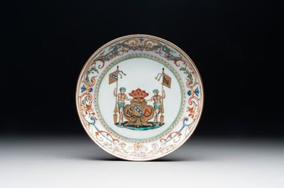A Chinese famille rose armorial plate with the arms of Goos de Ghyseghem, Vecquemans and Golbeau for the Belgian market, Yongzheng, ca. 1730