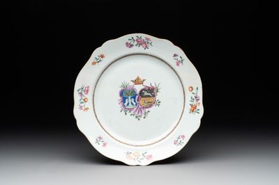 A Chinese famille rose armorial plate with the arms of Nauta Beuckens and Swalue accollé for the Dutch market, Qianlong, ca. 1763