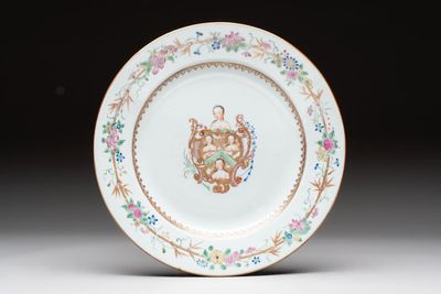 A Chinese famille rose armorial plate with the arms of William Ellis for the English market, Qianlong, ca. 1755