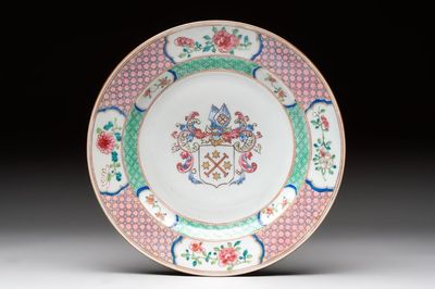 A Chinese famille rose armorial soup plate with the arms of Mellot for the Dutch market, Yongzheng, ca. 1733-1735