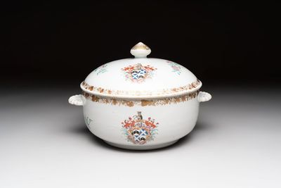 A Chinese famille rose armorial tureen and cover with the arms of Backwell quartering Tyringham for the English market, Yongzheng/Qianlong