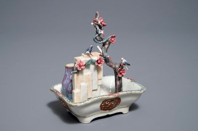 A Chinese famille rose basin with birds, prune tree and a vase, Qianlong