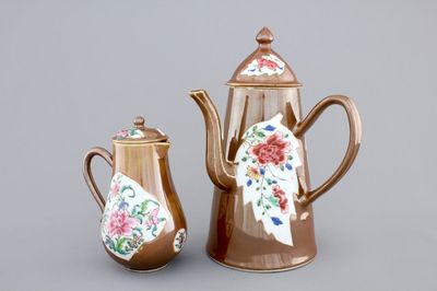 A Chinese famille rose Batavian ware chocolate pot and cream jug, Qianlong, 18th C.