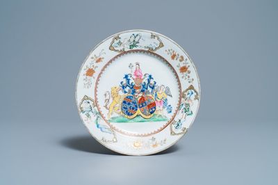 A Chinese famille rose Belgian market armorial plate, Yongzheng/Qianlong