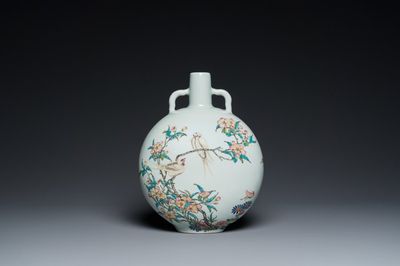 A Chinese famille rose 'bianhu' vase with birds among blossoming branches, Yongzheng mark, 20th C.